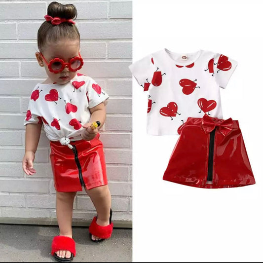 Toddler Kid Baby Girl Valentine's Day Clothes Love Top T-shirt Leather Skirt Red Outfit Sweet Set Clothing