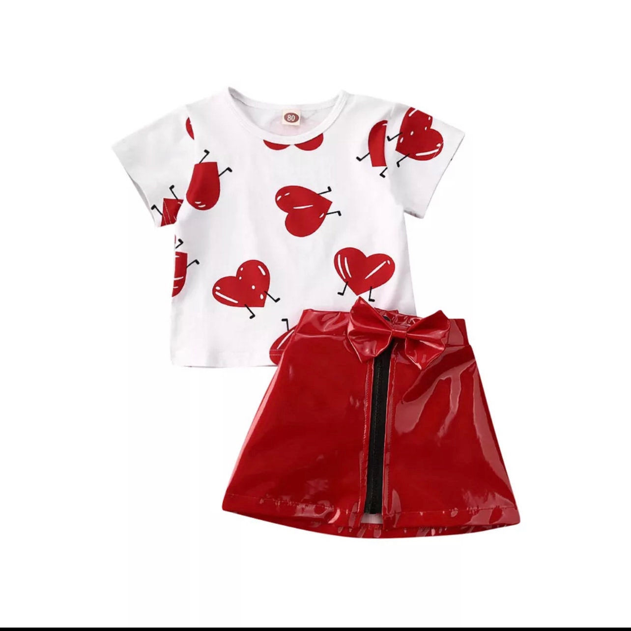 Toddler Kid Baby Girl Valentine's Day Clothes Love Top T-shirt Leather Skirt Red Outfit Sweet Set Clothing