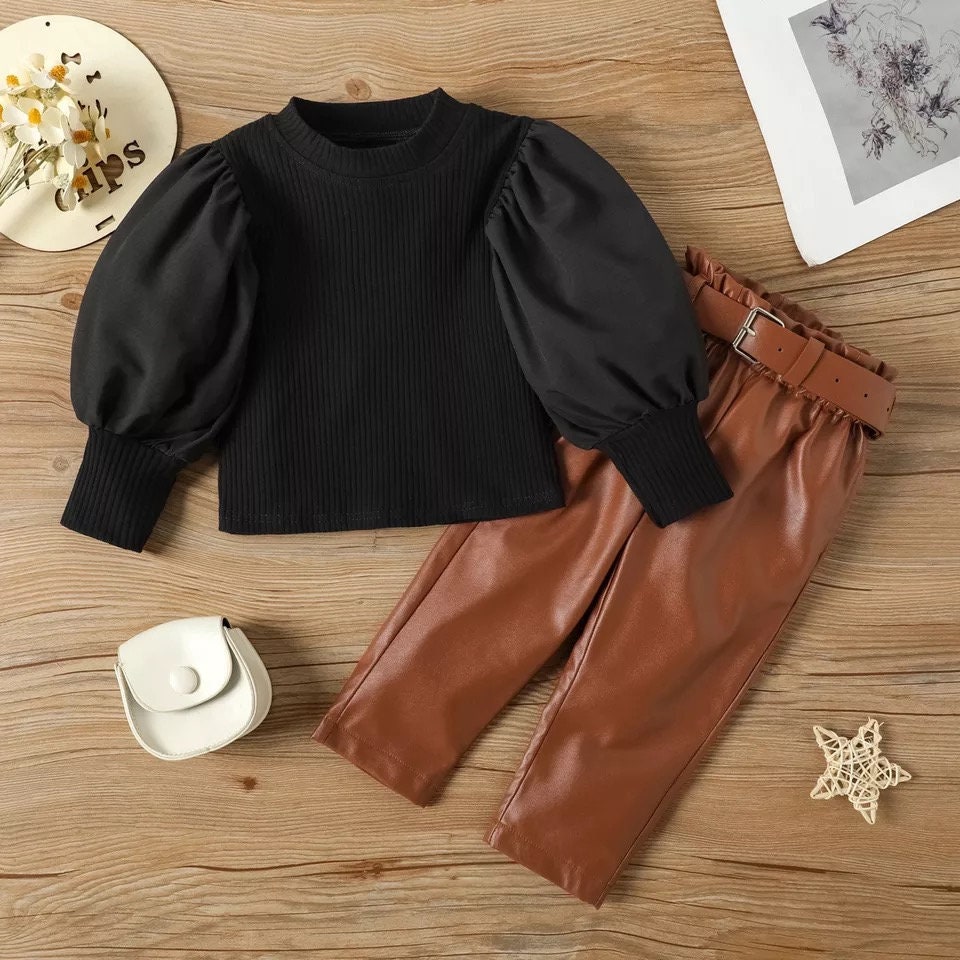 Elegant Fashion Kids Girls Clothes Set Puff Sleeve Ribbed Blouse T Shirt Tops PU Leather Long Pants With Belt 2PCS Girls Suit