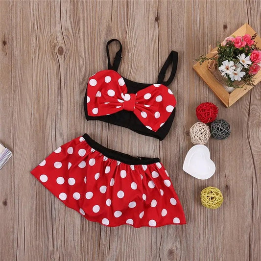 Baby Girl Bowknot Halter Swimsuit High Waist Top Short Skirt Two-Pieces Set Toddler White Polka Dot Girls Bathing Suit