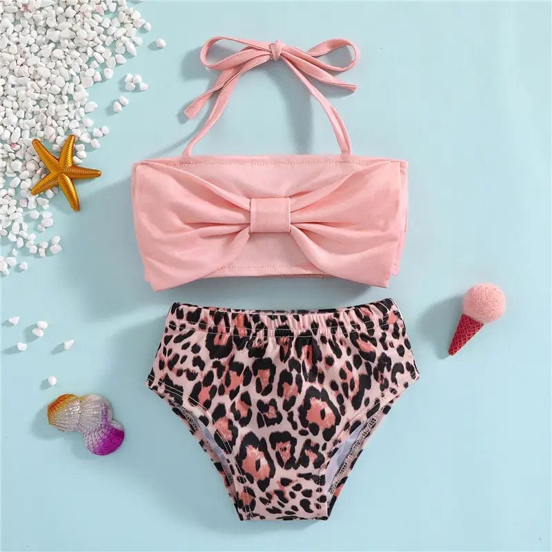 Baby Girls Split Swimsuit Set Toddlers Summer Pink Bow Hanging Neck Sleeveless Swimwear + Leopard Print Girls Bikini 2022