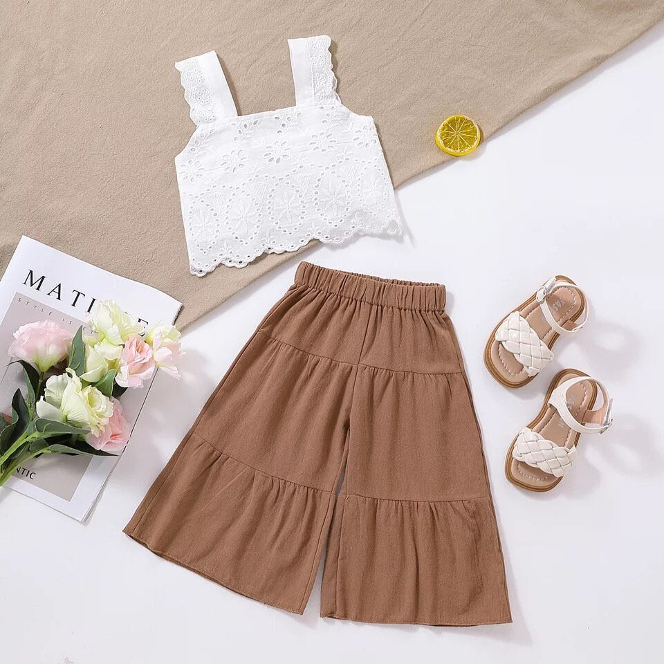 Summer Girls Clothing Sets Casual Style Floral Lace Sleeveless Crop Tops+Wide Leg Pants Baby Clothes Children Kids Outfits