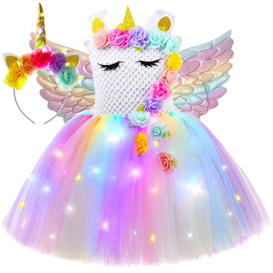 Led Light Unicorn Costumes for Girls Kids Pastel Flowers Princess Dresses for Birthday Party Halloween Outfit Children Clothes