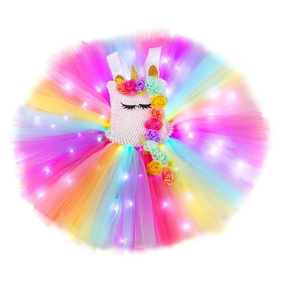 Led Light Unicorn Costumes for Girls Kids Pastel Flowers Princess Dresses for Birthday Party Halloween Outfit Children Clothes