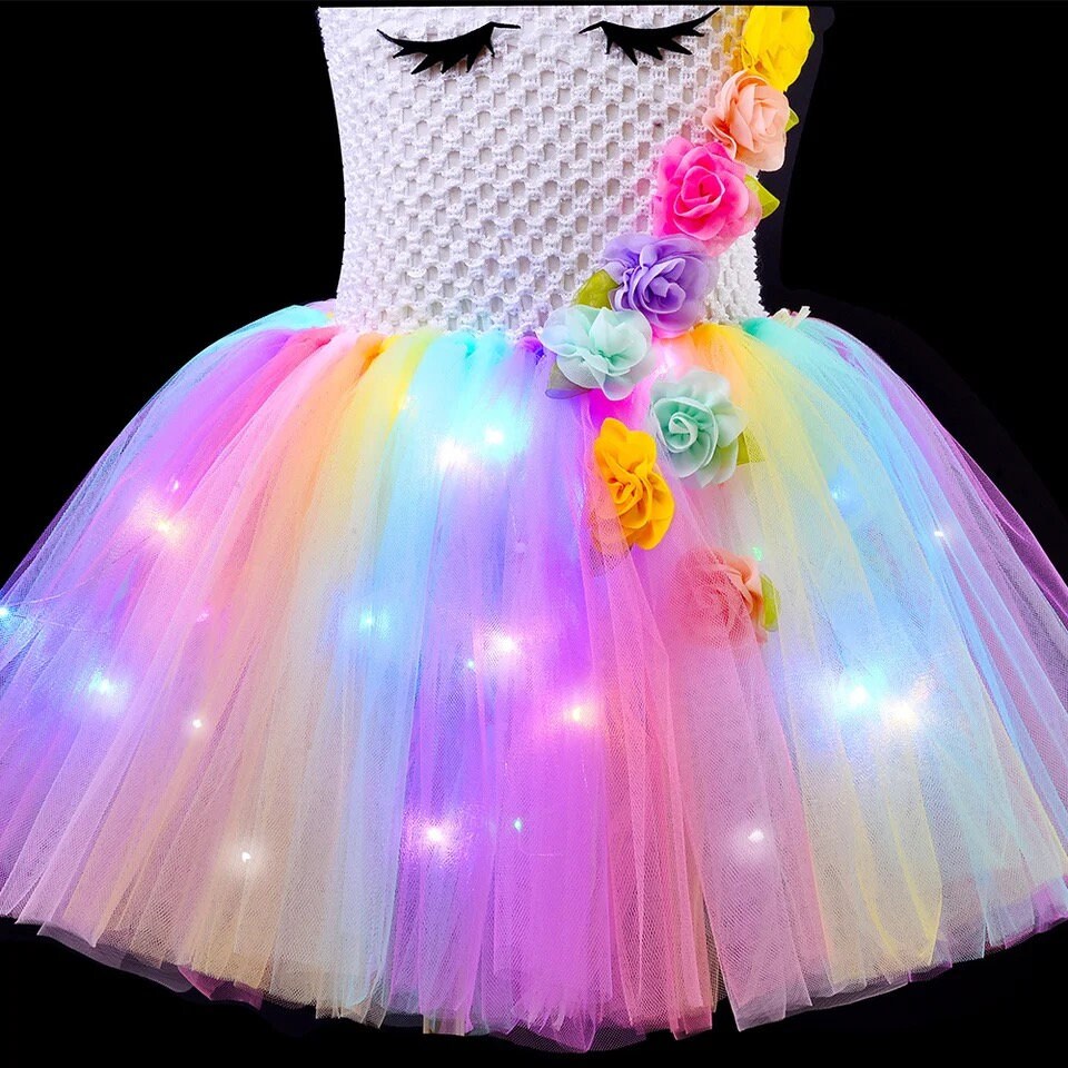 Led Light Unicorn Costumes for Girls Kids Pastel Flowers Princess Dresses for Birthday Party Halloween Outfit Children Clothes