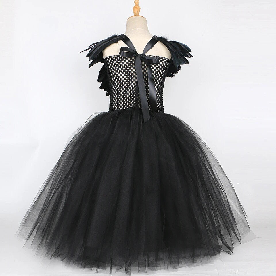 Black Feather Halloween Costumes for Girls Kids Devil Witch Long Tutu Dress with Horns Wings Children Evil Queen Cosplay Outfit