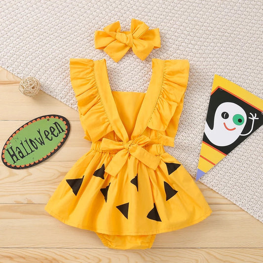 Halloween Newborn Infant Baby Girls Costumes Bow Pumpkin Rompers Sleeveless Ruffles Jumpsuit Summer Clothes
