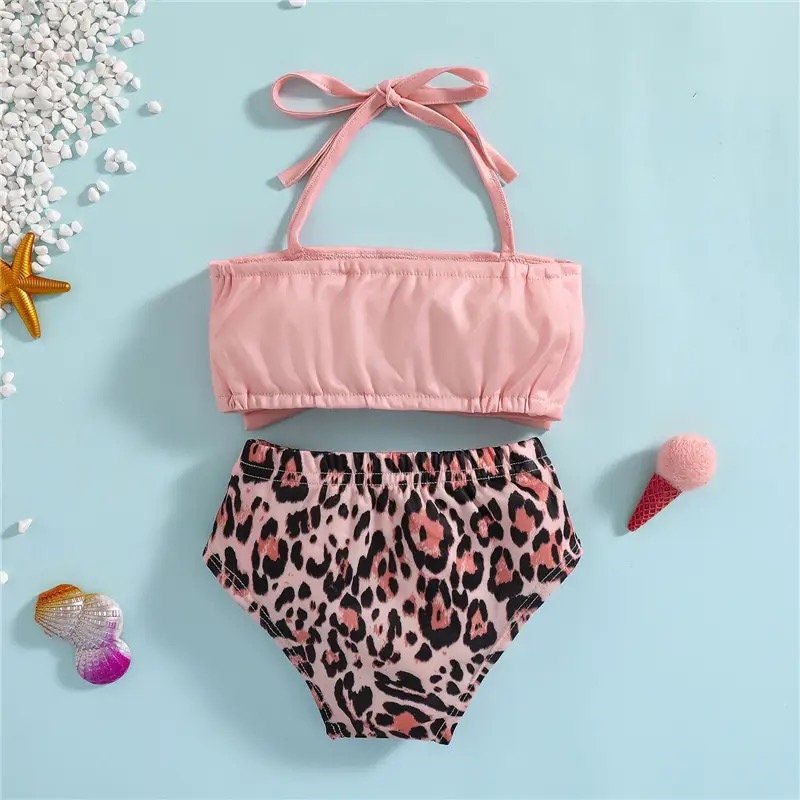 Baby Girls Split Swimsuit Set Toddlers Summer Pink Bow Hanging Neck Sleeveless Swimwear + Leopard Print Girls Bikini 2022