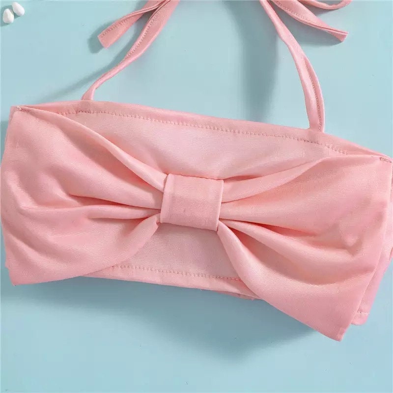 Baby Girls Split Swimsuit Set Toddlers Summer Pink Bow Hanging Neck Sleeveless Swimwear + Leopard Print Girls Bikini 2022