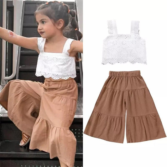 Summer Girls Clothing Sets Casual Style Floral Lace Sleeveless Crop Tops+Wide Leg Pants Baby Clothes Children Kids Outfits