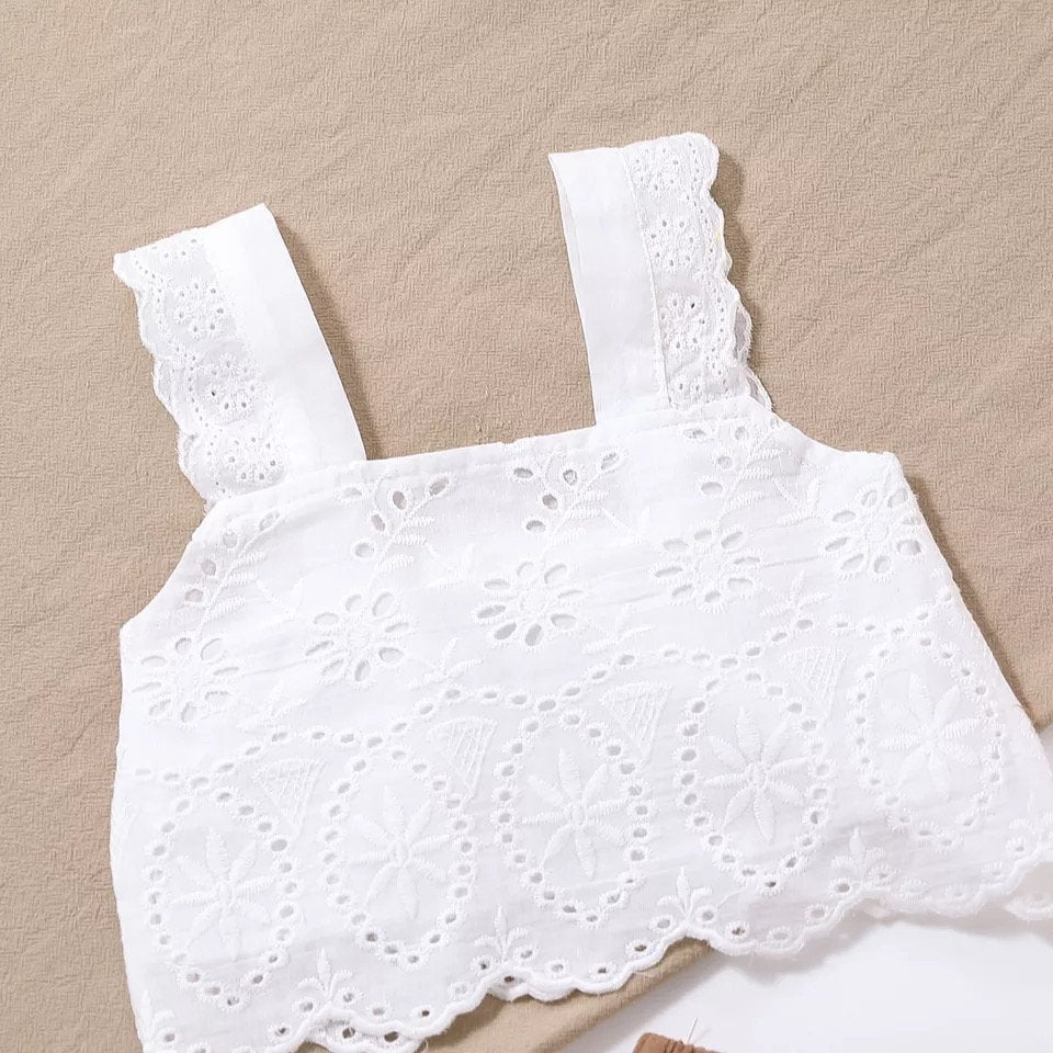 Summer Girls Clothing Sets Casual Style Floral Lace Sleeveless Crop Tops+Wide Leg Pants Baby Clothes Children Kids Outfits