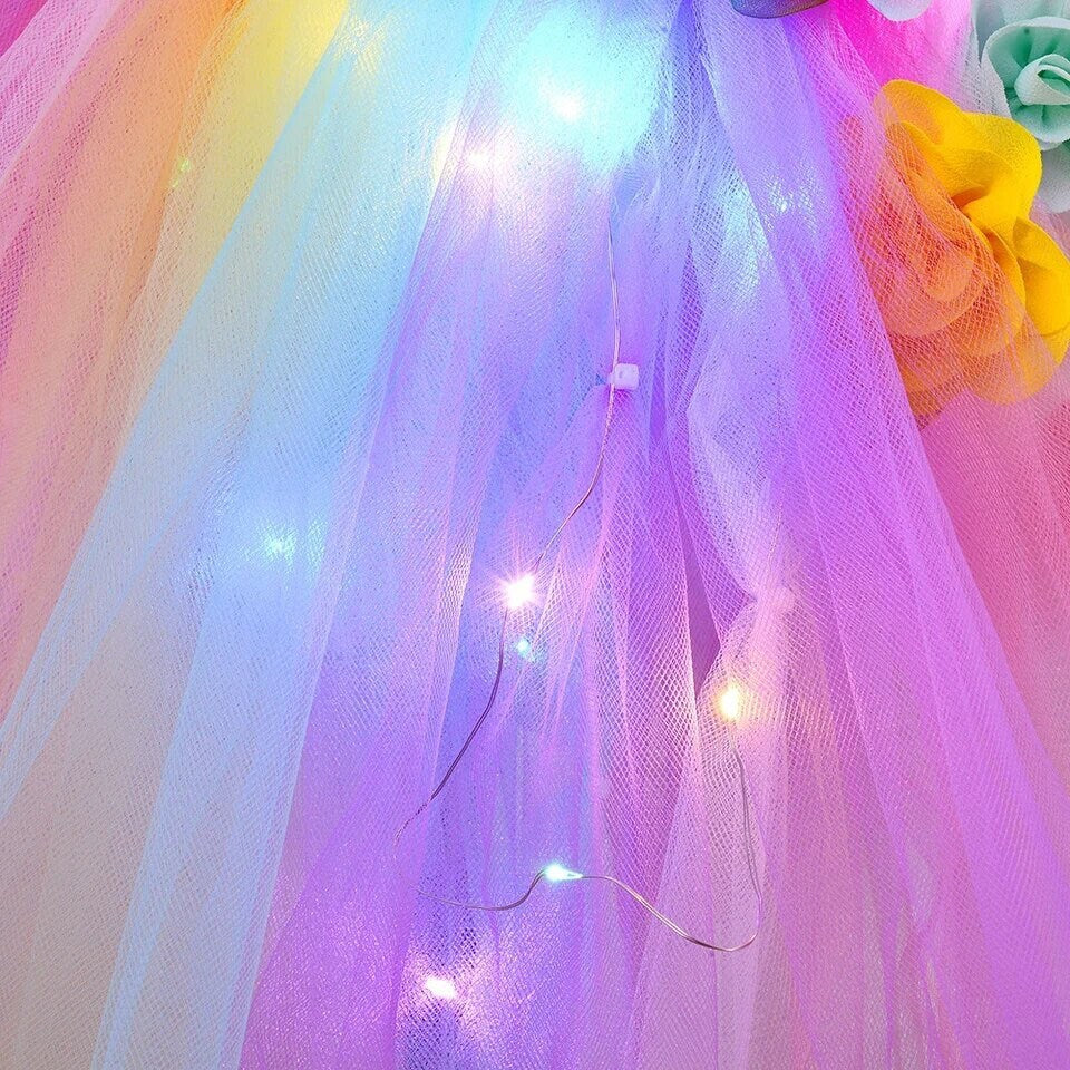 Led Light Unicorn Costumes for Girls Kids Pastel Flowers Princess Dresses for Birthday Party Halloween Outfit Children Clothes