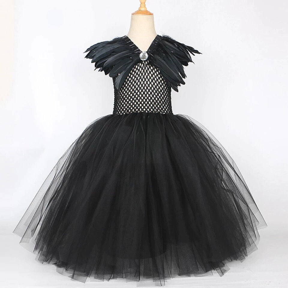 Black Feather Halloween Costumes for Girls Kids Devil Witch Long Tutu Dress with Horns Wings Children Evil Queen Cosplay Outfit
