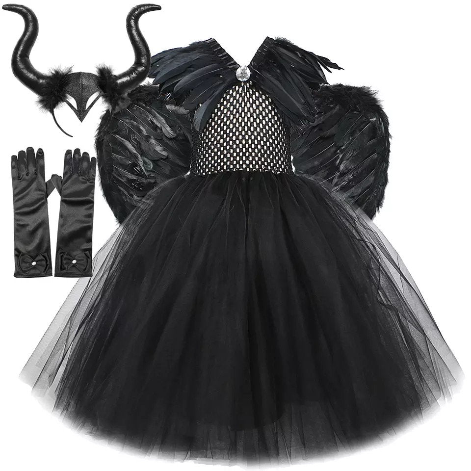 Black Feather Halloween Costumes for Girls Kids Devil Witch Long Tutu Dress with Horns Wings Children Evil Queen Cosplay Outfit