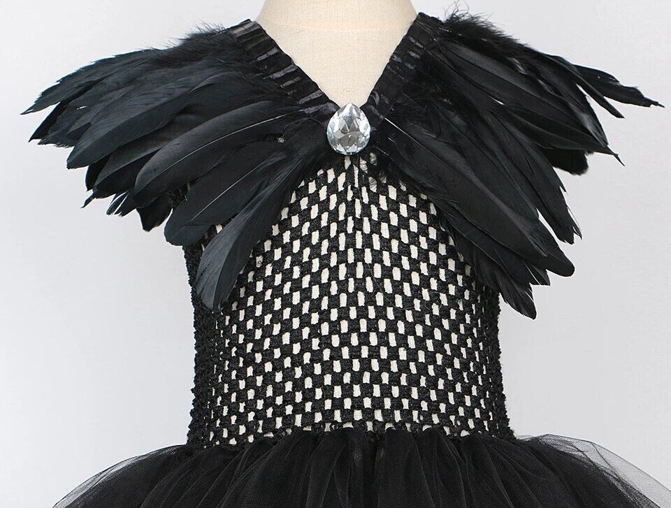 Black Feather Halloween Costumes for Girls Kids Devil Witch Long Tutu Dress with Horns Wings Children Evil Queen Cosplay Outfit