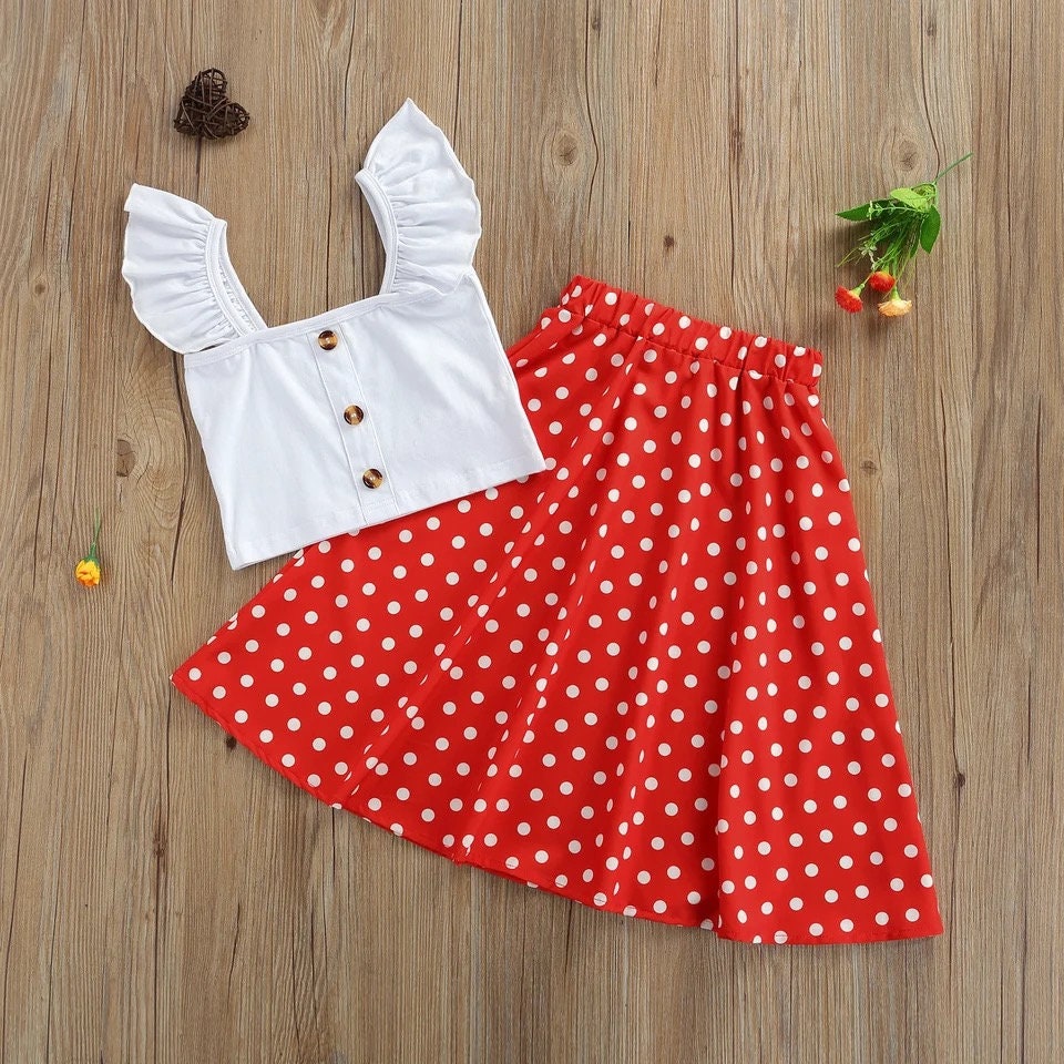 Girls Clothes Set Children Clothing Solid Color Sleeveless Strap Cropped Tops + Polka Dot Print Long Skirt 1-6Y