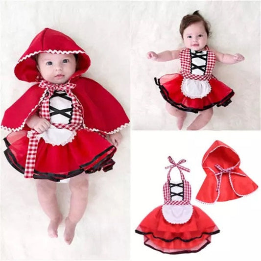 Newborn Toddler Baby Girls Halter Tutu Romper Dress Red Cloak Little Red Riding Hood Outfits Party Cosplay Costume 0-24M