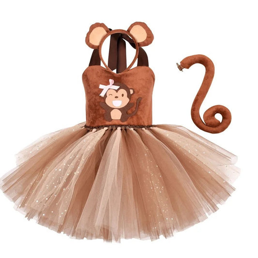 Brown Animal Monkey Dress For Girls Cosplay Costume With Tail Headband Summer Halloween Birthday Party Clothing Christmas Gifts