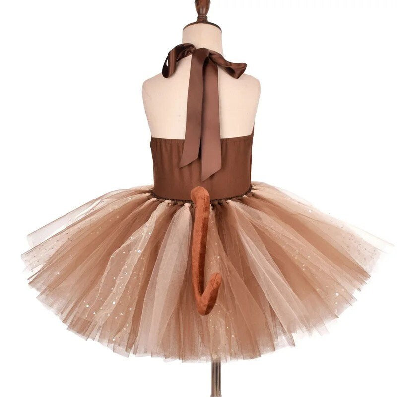 Brown Animal Monkey Dress For Girls Cosplay Costume With Tail Headband Summer Halloween Birthday Party Clothing Christmas Gifts