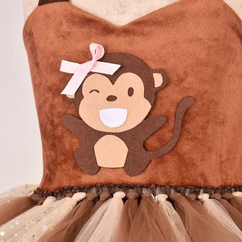 Brown Animal Monkey Dress For Girls Cosplay Costume With Tail Headband Summer Halloween Birthday Party Clothing Christmas Gifts