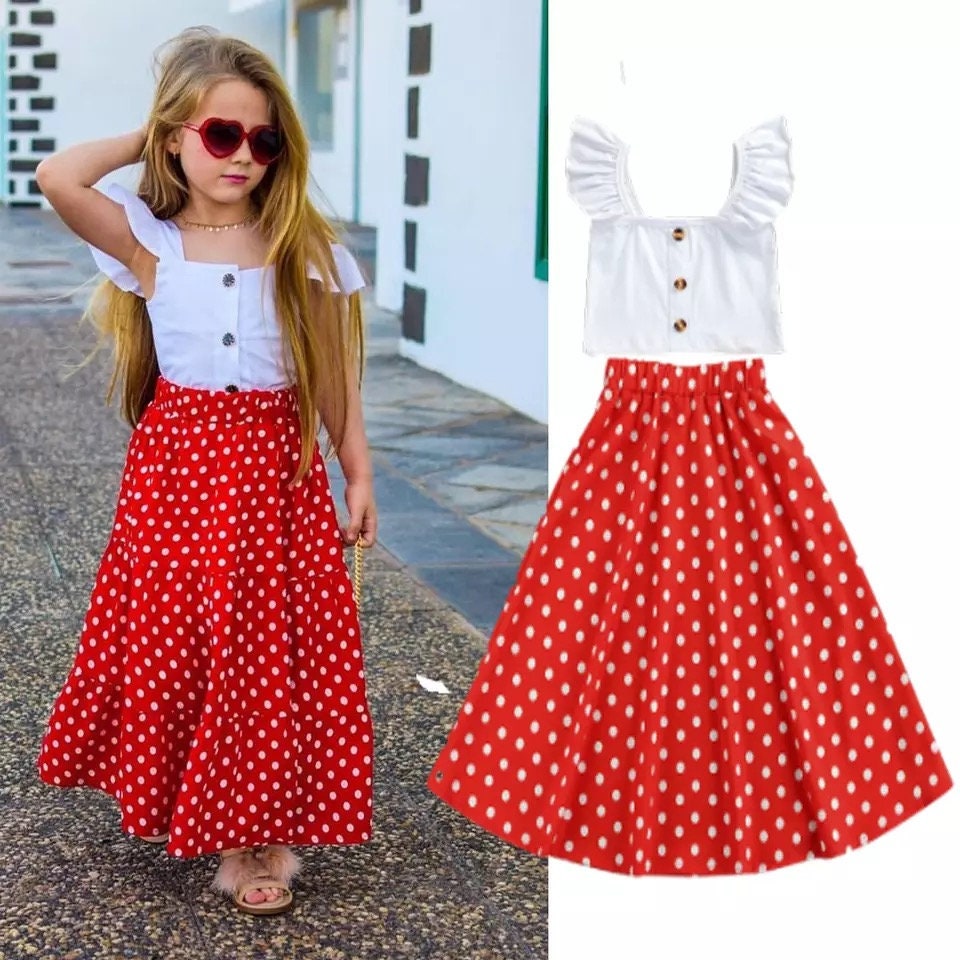 Girls Clothes Set Children Clothing Solid Color Sleeveless Strap Cropped Tops + Polka Dot Print Long Skirt 1-6Y