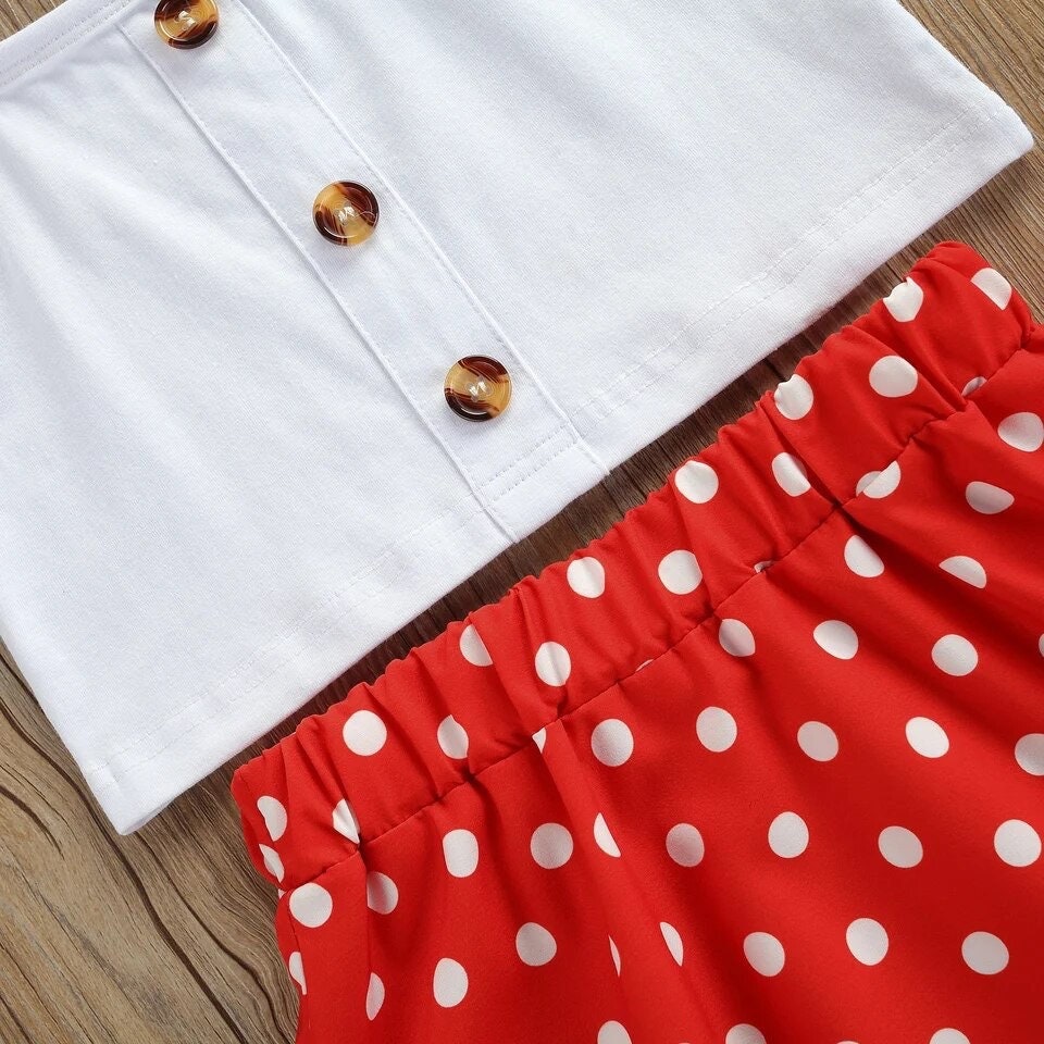 Girls Clothes Set Children Clothing Solid Color Sleeveless Strap Cropped Tops + Polka Dot Print Long Skirt 1-6Y