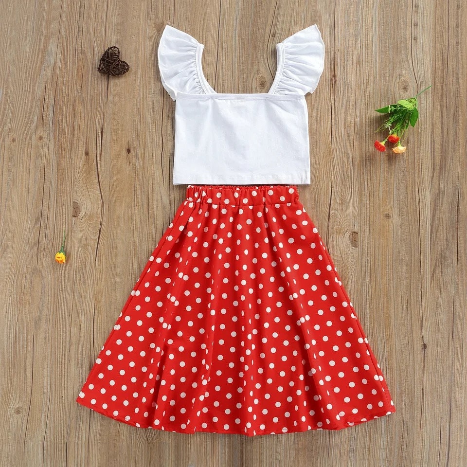 Girls Clothes Set Children Clothing Solid Color Sleeveless Strap Cropped Tops + Polka Dot Print Long Skirt 1-6Y