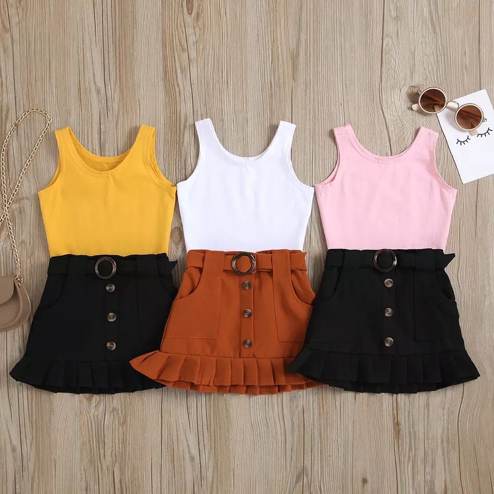 Infant Kids 6M-4T Baby Girls Pudcoco 2Pcs Fashion Summer Clothes Set Solid Sleeveless Bodysuits Tops Flitted Skirt Outfits