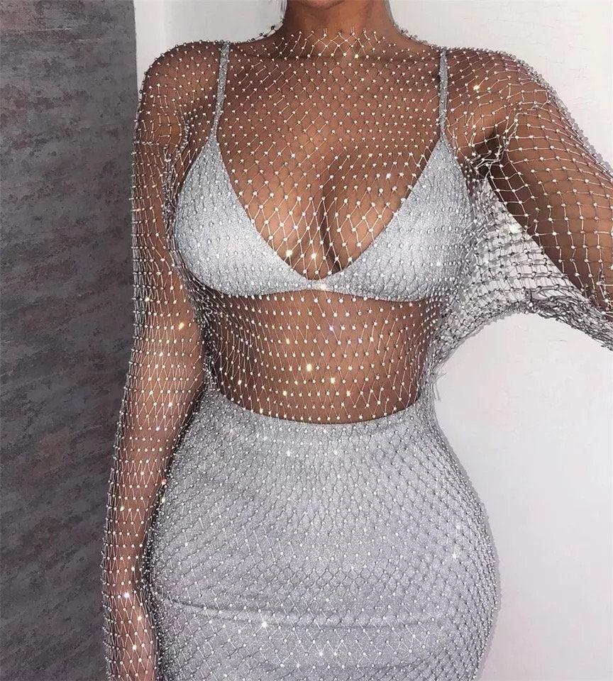 New Crystal Diamond Sexy Bodycon Dress Women Hollow Out Long Sleeve Mini Dress 2020 Summer  See Through Party Dres