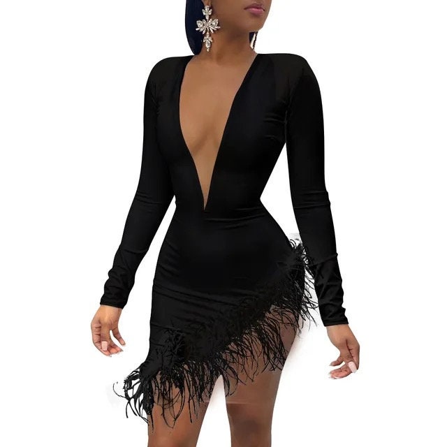 Feather White Deep V Neck Irregular Dress Women Mesh High Slit Bodycon Stitching Sexy Dress Solid Party Club Dress2020