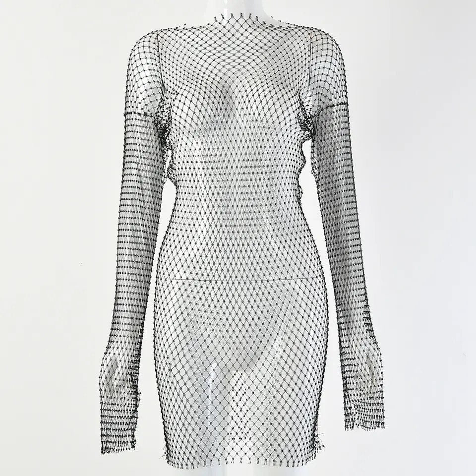 New Crystal Diamond Sexy Bodycon Dress Women Hollow Out Long Sleeve Mini Dress 2020 Summer  See Through Party Dres