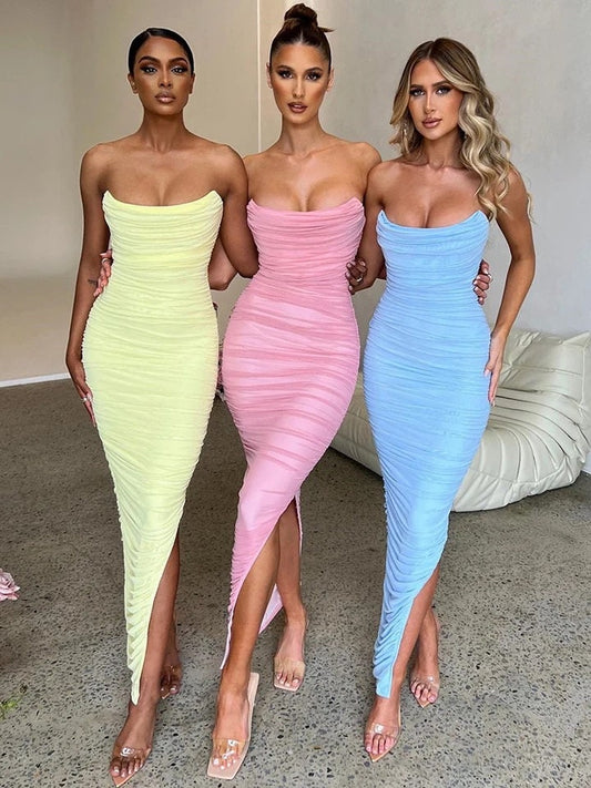 Bodycon Maxi Dress for Women 2023 Mesh Sexy Robe Strapless Backless Sleeveless Split Club Party Pink Evening Dress Long