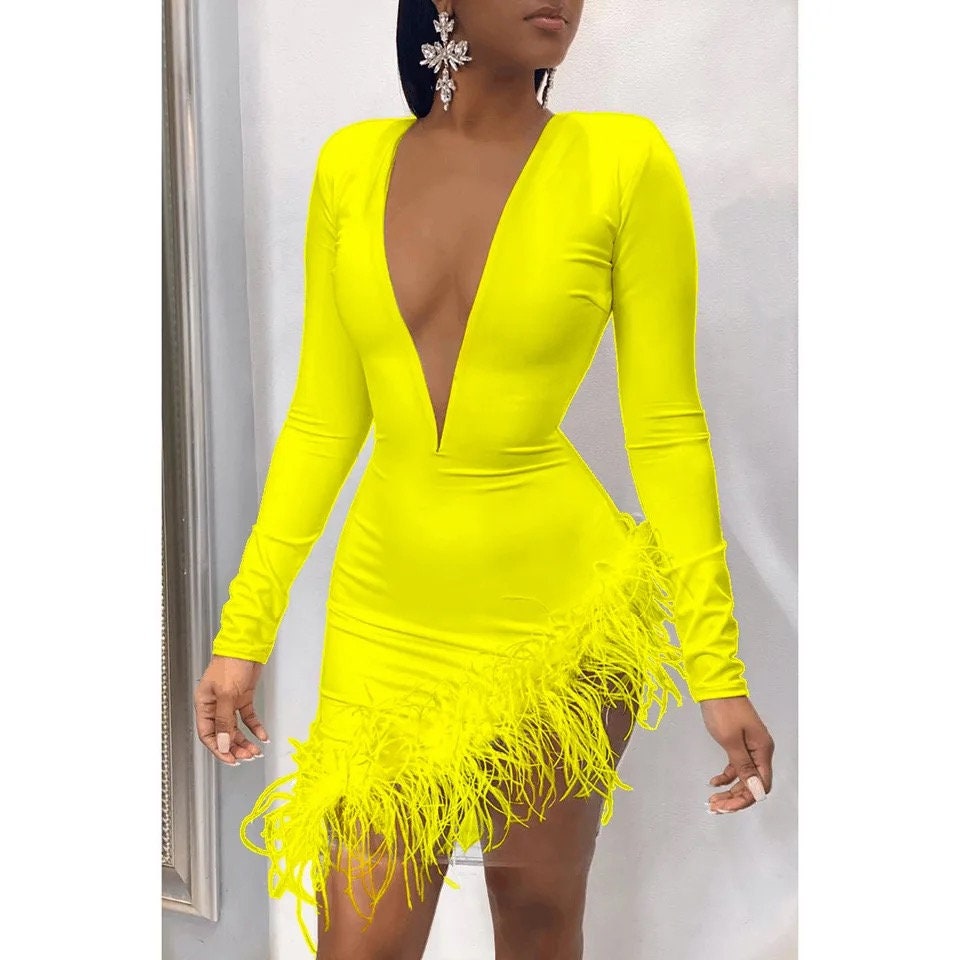 Feather White Deep V Neck Irregular Dress Women Mesh High Slit Bodycon Stitching Sexy Dress Solid Party Club Dress2020