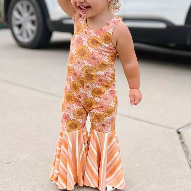 Toddler Kids Girls Summer Jumpsuits Pants Casual Sling Sleeveless Floral/Plaid Print Suspender Flared Pants
