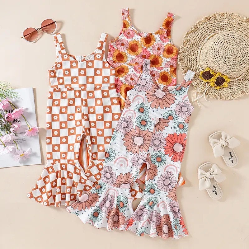 Toddler Kids Girls Summer Jumpsuits Pants Casual Sling Sleeveless Floral/Plaid Print Suspender Flared Pants