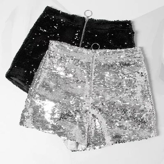 Bling Sexy Women Sequin Shorts High Waist O-Ring Zip Bodycon Short