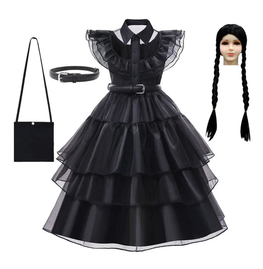 For Girl Cosplay Dress Costumes Black Gothic Wednesday Addams Dresses Children Clothes Halloween Party