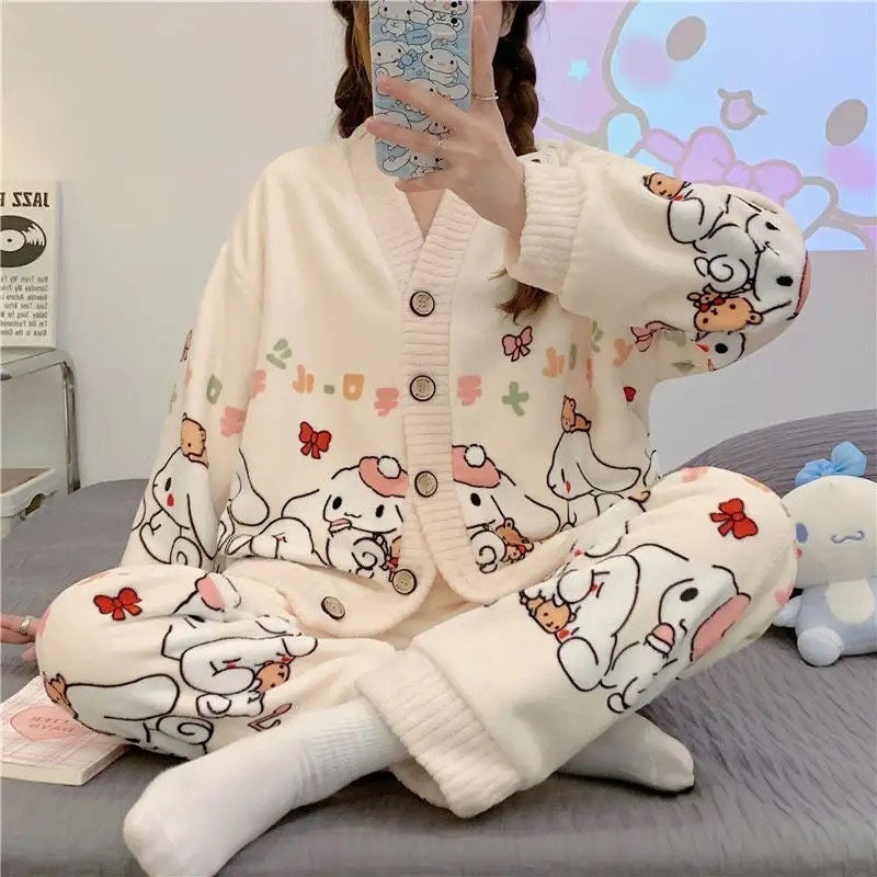 Cinnamoroll Pajamas Sets Winter Flannel Thickening Women Sleepwear Anime Cute Casual