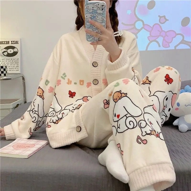 Cinnamoroll Pajamas Sets Winter Flannel Thickening Women Sleepwear Anime Cute Casual