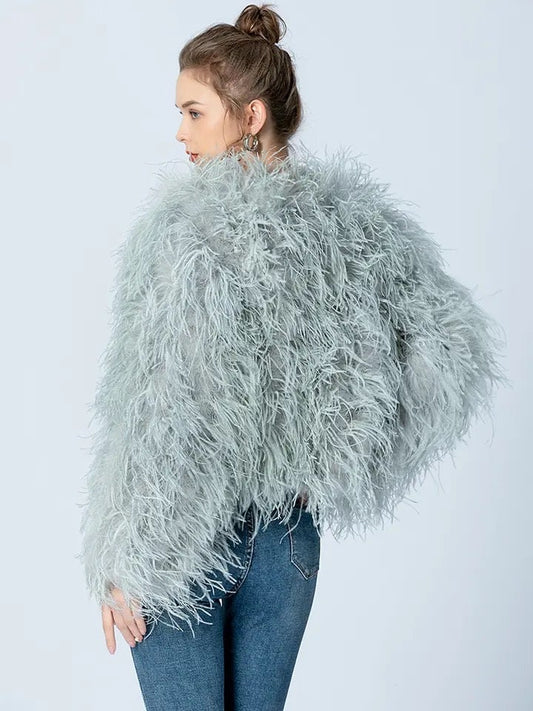 Female Real Fur Ostrich Feather Coats Long Sleeve Fur Jacket Ladies Crew Neck 100% Natural Fur Coat Women Spring Autumn Clothes