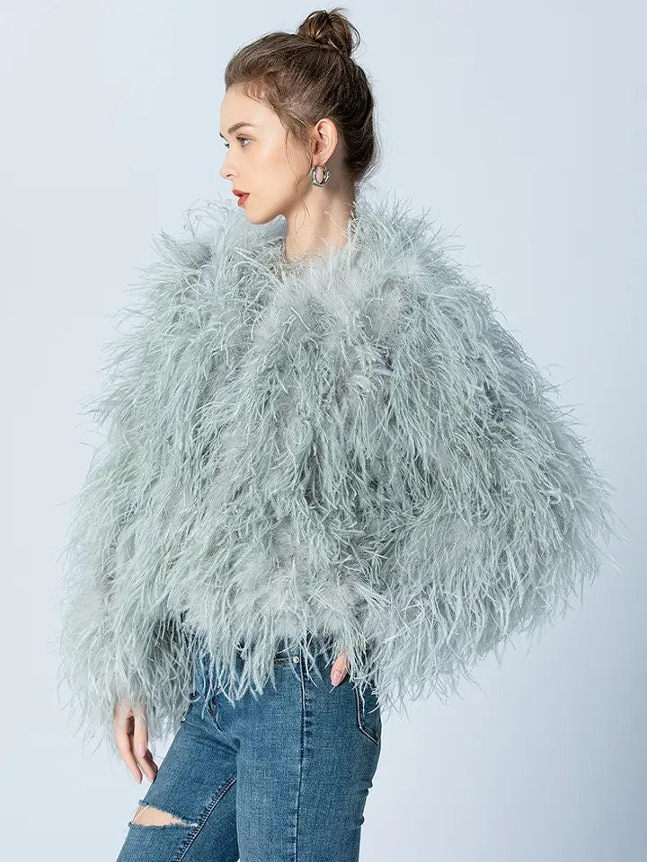 Female Real Fur Ostrich Feather Coats Long Sleeve Fur Jacket Ladies Crew Neck 100% Natural Fur Coat Women Spring Autumn Clothes