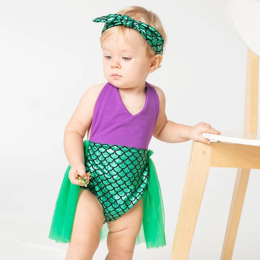 Newest Rompers Baby Girls Mermaid  Dress Princess Cotton Clothes Lace Halloween Costume with Headbands