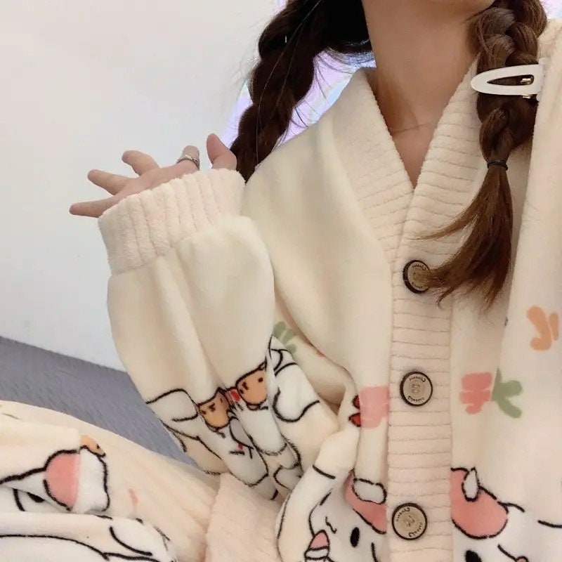 Cinnamoroll Pajamas Sets Winter Flannel Thickening Women Sleepwear Anime Cute Casual
