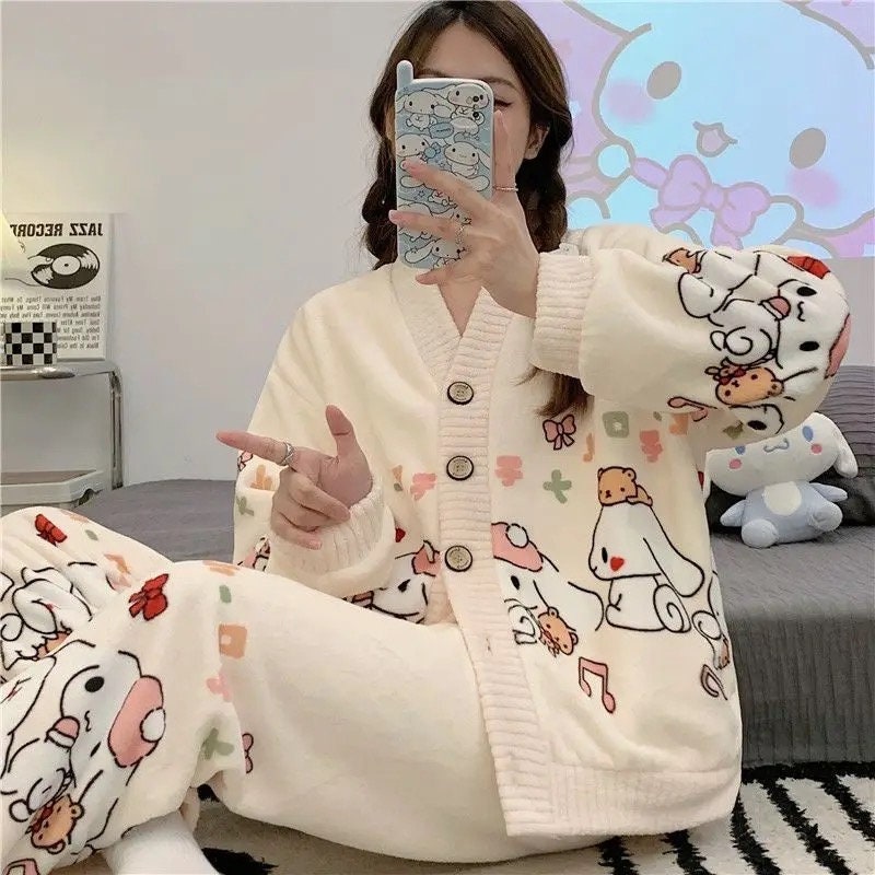 Cinnamoroll Pajamas Sets Winter Flannel Thickening Women Sleepwear Anime Cute Casual