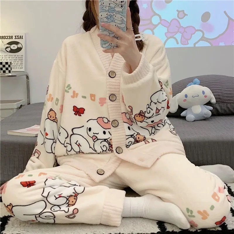 Cinnamoroll Pajamas Sets Winter Flannel Thickening Women Sleepwear Anime Cute Casual