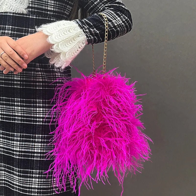 Fluffy Evening Crossbody Ostrich Feather Bags for Women Luxury Brand Purse Handle Handbag Chain Clutch