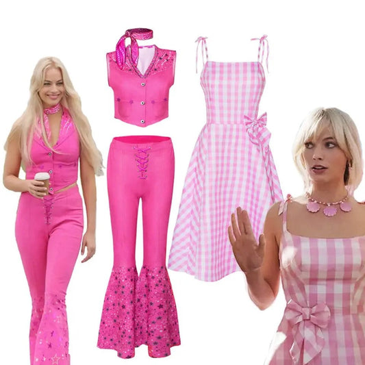 Movie Margot Robbie's Barbie Costume Hot Starry Pink Top and Pants Barbie Set for Women Ladies Halloween Costume