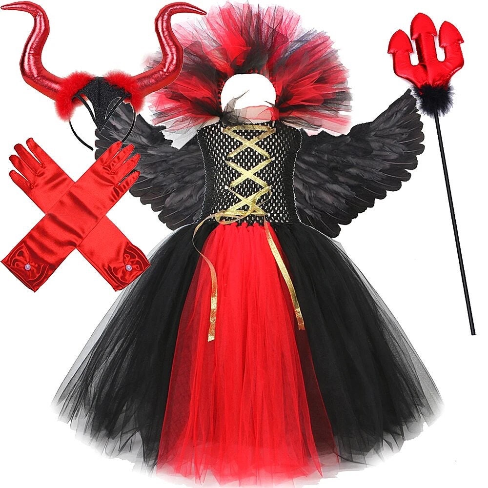 Disney Maleficent Costume for Girls Kids Carnival Halloween Long Tutu Dress Red Devil Witch Cosplay Outfit with Horns Wings Fork