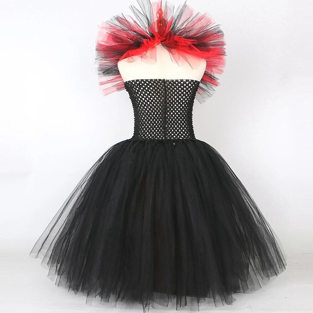 Disney Maleficent Costume for Girls Kids Carnival Halloween Long Tutu Dress Red Devil Witch Cosplay Outfit with Horns Wings Fork