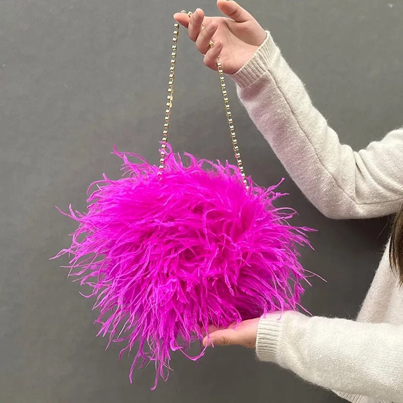 Fluffy Evening Crossbody Ostrich Feather Bags for Women Luxury Brand Purse Handle Handbag Chain Clutch
